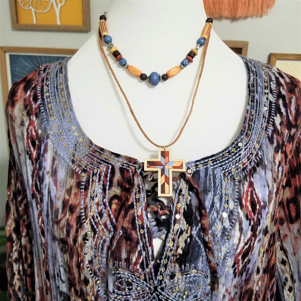 Top, Blouse. Blue, Brown, Rust Multi Pattern. Emb… - image 5